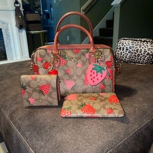 Coach Brown Signature Canvas Satchel with Red Strawberry Print and Red Trim